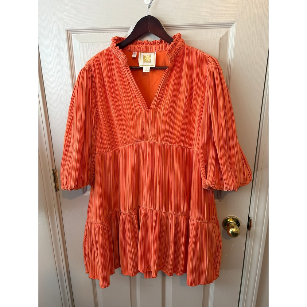 Emily McCarthy Poppy Dress Orange Pleated Tiered Mini Ruffle Neck XS Football